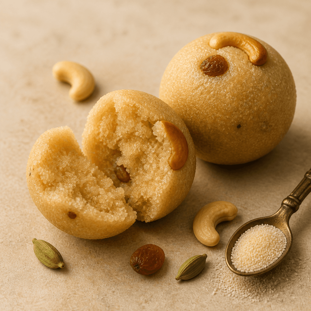 A Rava Laddu broken open to show its soft semolina texture
