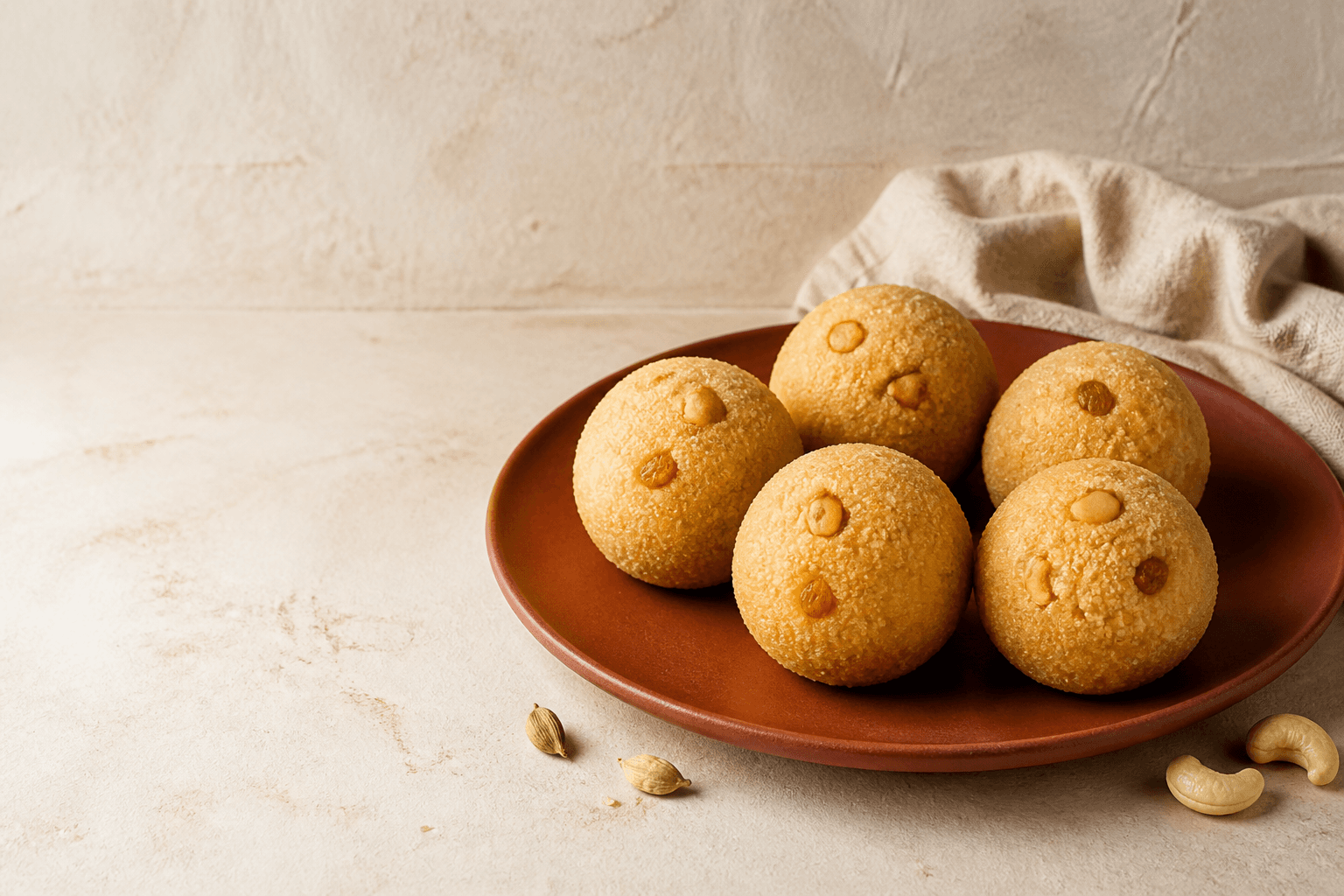 Five handmade Rava Laddus arranged on a terracotta plate
